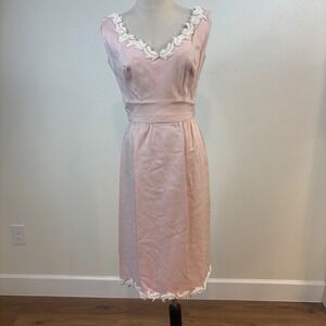 Neusteters Sheath Dress Women 27W Pink Vtg 50s 60s Linen Beaded ILGWU Wiggle